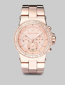 This feminine yet sturdy timepiece of rose goldtone stainless steel is framed in light peach crystals, with a link bracelet band that has shiny outer links and brushed center links.Chronograph movement Waterproof up to 10 ATM 43mm stainless steel case Light rose goldtone dial Round face Second hand Link bracelet Imported This feminine yet sturdy timepiece of rose goldtone stainless steel is framed in light peach crystals, with a link bracelet band that has shiny outer links and brushed center links.Chronograph movement Waterproof up to 10 ATM 43mm stainless steel case Light rose goldtone dial Round face Second hand Link bracelet Imported