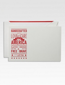 To America, with love. Nostalgia in the form of patriotic posters with iconic typography graces this set of 10 flat cards.Set of 10 cards and envelopesApprox. 4¼ X 6 Made in USA