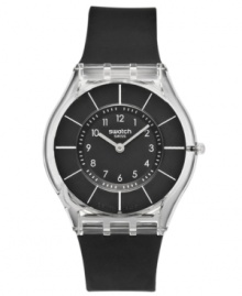 Leave nothing to the imagination with this transparent Black Classiness collection watch from Swatch. Leave nothing to the imagination with this transparent Black Classiness collection watch from Swatch.