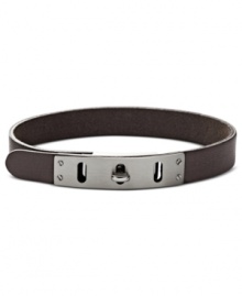 A handsome wrist wrap from Fossil. With a thin design, this leather bracelet showcases a brushed steel accent with turnlock closure. Crafted in gray leather. Approximate length: 9-1/4 inches. A handsome wrist wrap from Fossil. With a thin design, this leather bracelet showcases a brushed steel accent with turnlock closure. Crafted in gray leather. Approximate length: 9-1/4 inches.