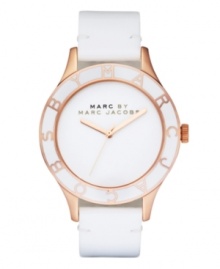 Simple rose-gold accents take center stage on this Blade watch by Marc by Marc Jacobs. White patent leather strap and round rose-gold tone stainless steel case. White enamel bezel with rose-gold text logo. White dial features three rose-gold tone hands and black logo. Quartz movement. Water resistant to 30 meters. Two-year limited warranty. Simple rose-gold accents take center stage on this Blade watch by Marc by Marc Jacobs. White patent leather strap and round rose-gold tone stainless steel case. White enamel bezel with rose-gold text logo. White dial features three rose-gold tone hands and black logo. Quartz movement. Water resistant to 30 meters. Two-year limited warranty.
