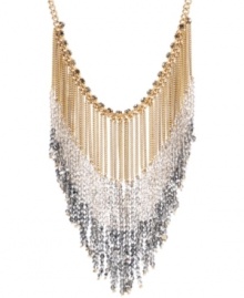 Fabulous fringe! Chic chains and ombre silver tone beading stand out on this stunning statement necklace from Kenneth Cole New York. Further embellished with sparkling crystals, it's crafted in gold tone mixed metal. Approximate length: 17 inches + 3-inch extender. Approximate drop: 4-1/2 inches. Fabulous fringe! Chic chains and ombre silver tone beading stand out on this stunning statement necklace from Kenneth Cole New York. Further embellished with sparkling crystals, it's crafted in gold tone mixed metal. Approximate length: 17 inches + 3-inch extender. Approximate drop: 4-1/2 inches.