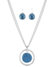 Feeling the blue. Kenneth Cole New York puts you in a good mood with this pendant and drop earrings set. The necklace is crafted from silver-tone mixed metal with a blue glitter disc in the pendant and a pair of drop earrings to match. Items come packaged in a signature Kenneth Cole New York Gift Box. Approximate length: 16 inches + 3-inch extender. Approximate pendant drop: 1-1/2 inches. Approximate earrings drop: 3/4 inch. Feeling the blue. Kenneth Cole New York puts you in a good mood with this pendant and drop earrings set. The necklace is crafted from silver-tone mixed metal with a blue glitter disc in the pendant and a pair of drop earrings to match. Items come packaged in a signature Kenneth Cole New York Gift Box. Approximate length: 16 inches + 3-inch extender. Approximate pendant drop: 1-1/2 inches. Approximate earrings drop: 3/4 inch.
