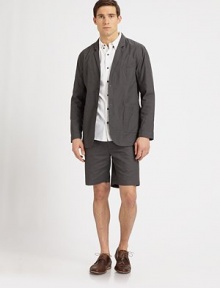 Modern design, tailored in lightweight cotton, destined to be seasonal favorite.Flat-front styleSide slash, back welt pocketsInseam, about 8CottonMachine washImported Modern design, tailored in lightweight cotton, destined to be seasonal favorite.Flat-front styleSide slash, back welt pocketsInseam, about 8CottonMachine washImported