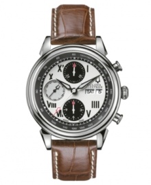 Strong design and renowned precision mark this Gemini collection watch by Bulova Accutron. Brown croc-embossed leather strap and round stainless steel case with clear back and curved sapphire crystal. Black chronograph dial with inner textured white dial features tachymeter scale, Roman numerals at markers, minute track, day and date window at three o'clock, three subdials, luminous hands and logo. Swiss mechanical movement. Water resistant to 50 meters. Five-year limited warranty. Strong design and renowned precision mark this Gemini collection watch by Bulova Accutron. Brown croc-embossed leather strap and round stainless steel case with clear back and curved sapphire crystal. Black chronograph dial with inner textured white dial features tachymeter scale, Roman numerals at markers, minute track, day and date window at three o'clock, three subdials, luminous hands and logo. Swiss mechanical movement. Water resistant to 50 meters. Five-year limited warranty.