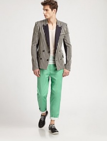 The new shade of summer in a heavier Italian cotton twill with straight legs that match the season's ease. Side slash, back welt and flap pocketsInseam, about 32CottonDry cleanMade in USA The new shade of summer in a heavier Italian cotton twill with straight legs that match the season's ease. Side slash, back welt and flap pocketsInseam, about 32CottonDry cleanMade in USA