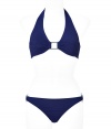 Bring the sexy to your poolside style with this chic bikini from Melissa Odabash - Triangle halter top with rectangular charm cut-out detail, slim fit bottoms with side rectangular charm cut-out detail- Pair with a sheer caftan, wedge heels, and a floppy hat