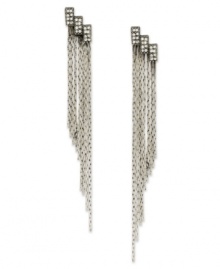 Fabulous in fringe. Bar III's linear earrings create a sleek silhouette, while crystal accents at the post add sparkle. Crafted in burnished silver tone mixed metal. Approximate drop: 3-1/2 inches. Fabulous in fringe. Bar III's linear earrings create a sleek silhouette, while crystal accents at the post add sparkle. Crafted in burnished silver tone mixed metal. Approximate drop: 3-1/2 inches.