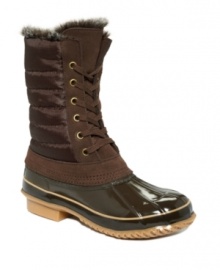 A faux fur cuff embellishment and plush lining add cozy charm and warmth to Khombu's Boston Bean boots. Made in waterproof suede and nylon with a rubber foot, they include a round-toe silhouette and lace-up closure. A faux fur cuff embellishment and plush lining add cozy charm and warmth to Khombu's Boston Bean boots. Made in waterproof suede and nylon with a rubber foot, they include a round-toe silhouette and lace-up closure.