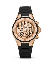 Michele hints at your wild side with this spot-splashed timepiece, crafted of plated stainless steel and accented by a playful silicone band. Michele hints at your wild side with this spot-splashed timepiece, crafted of plated stainless steel and accented by a playful silicone band.
