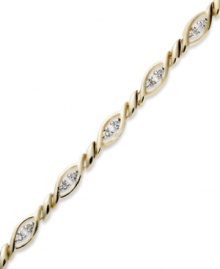 Up your glam factor. Yell'Ora's trendy twisted bracelet showcases round-cut diamonds front and center (1/3 ct. t.w.). Base metal made from a combination of pure gold, sterling silver and palladium. Approximate length: 7-1/2 inches. Up your glam factor. Yell'Ora's trendy twisted bracelet showcases round-cut diamonds front and center (1/3 ct. t.w.). Base metal made from a combination of pure gold, sterling silver and palladium. Approximate length: 7-1/2 inches.