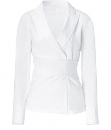 Luxe top in fine, white cotton and nylon stretch blend - Elegant, deep v wrap style fuses the look of a blazer with that of a blouse - Small collar, wide lapels and long sleeves - Wide sash belt ties at back, cinching the waist - A chic, eye-catching alternative to the classic button down - Pair with pencil skirts, suit trousers or cigarette pants