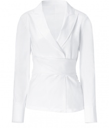 Luxe top in fine, white cotton and nylon stretch blend - Elegant, deep v wrap style fuses the look of a blazer with that of a blouse - Small collar, wide lapels and long sleeves - Wide sash belt ties at back, cinching the waist - A chic, eye-catching alternative to the classic button down - Pair with pencil skirts, suit trousers or cigarette pants Luxe top in fine, white cotton and nylon stretch blend - Elegant, deep v wrap style fuses the look of a blazer with that of a blouse - Small collar, wide lapels and long sleeves - Wide sash belt ties at back, cinching the waist - A chic, eye-catching alternative to the classic button down - Pair with pencil skirts, suit trousers or cigarette pants
