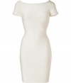 Cut a feminine figure after dark in this cocktail-ready off-the-shoulder dress from Herv? L?ger - Wide off-the-shoulder neckline, cap sleeves, bandage style with figure-hugging multi-panels, concealed back zip closure - Extra form-fitting - Style with jet black platform pumps and a statement clutch