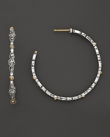 Intricately wrought designs, in sterling silver and 18K yellow gold, give these modern hoop earrings a hint of classical style. By Konstantino. Intricately wrought designs, in sterling silver and 18K yellow gold, give these modern hoop earrings a hint of classical style. By Konstantino.