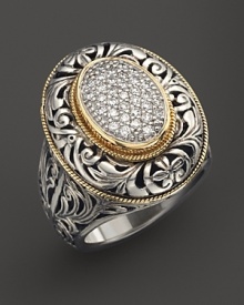 Pavé diamonds in an engraved sterling silver ring with roped 18K yellow gold accents from Konstantino. Pavé diamonds in an engraved sterling silver ring with roped 18K yellow gold accents from Konstantino.