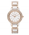 Fossil combines rosy tones and gleaming ceramic on this watch for a perfectly feminine finish.