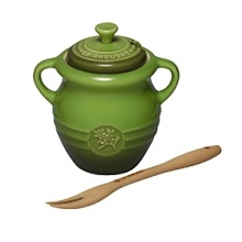 Serve and store olives with this Mediterranean style olive jar. Embossed with an olive branch, the jar comes with a wood olive fork for serving and looks beautiful in any kitchen. Serve and store olives with this Mediterranean style olive jar. Embossed with an olive branch, the jar comes with a wood olive fork for serving and looks beautiful in any kitchen.