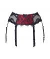 Get the sultry glamorous look of a vintage pin up girl in Von Follies by Dita Von Teeses black and luxury red 40s-inspired eyelash lace suspender belt - Black stretch lace paneled front with sheer luxury red underlay, sheer black scalloped lace trim, fishnet sides and back, adjustable back hook-and-eye closures, satin garter straps with clips - Wear with the matching balconette bra and silk stockings for a seriously seductive look