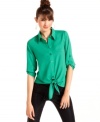 Get all tied up in cute style with this button-down tie-front top from BCX!