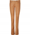 Luxe pant in ultra-supple, tan lambskin - Soft, superb quality material feels incredible and looks just as good - Modern, slim boot cut - Medium rise, with five pockets, belt loops and button closure - Sexy and sophisticated, great for both work and play - Pair with a silk blouse and blazer or a light cashmere cardigan