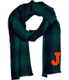 Quietly elegant and effortlessly cool, Jil Sanders navy and green wool scarf ups the ante on preppy chic - Supremely soft, lighter weight knit in a rich, classically cool plaid - Decorative varsity letter J at hem and delicate fringe trim - Moderately long and wide and ultra-versatile - Pair with everything from cashmere pullovers and skinny denim to pencil skirts and long cardigans
