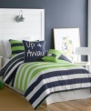 Up, up and away you go! Put a bit of prep in your bed with this Up and Away comforter set, featuring bold stripes in contrasting lime green and navy blue hues. Reverses to a checkered pattern. Finish the look with coordinating decorative pillows.