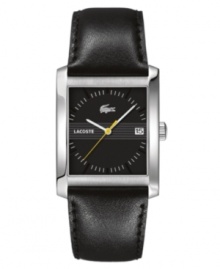 Make a stark statement with this handsome Lacoste watch. Black leather strap and rectangular stainless steel case. Black dial with silvertone stick indices, date window and logo. Quartz movement. Water resistant to 30 meters. Two-year limited warranty. Make a stark statement with this handsome Lacoste watch. Black leather strap and rectangular stainless steel case. Black dial with silvertone stick indices, date window and logo. Quartz movement. Water resistant to 30 meters. Two-year limited warranty.