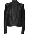 Channel the sophistication of a smoking jacket with this sleek, ultra-luxe calf hair version from Balmain - Stand collar, leather trimmed lapels, long sleeves, welt pockets, cropped, slim fit - Style with a blouse and a pencil skirt or with skinny jeans, a tee, and heels