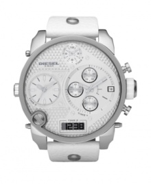 Strap on this striking Diesel watch and lock down industrial-strength timekeeping. White leather strap and round stainless steel case. Knurled white chronograph dial features applied index, multiple subdials, positive display digital subdial at six o'clock, date window at four o'clock, lugs and logo. Quartz movement. Water resistant to 50 meters. Two-year limited warranty. Strap on this striking Diesel watch and lock down industrial-strength timekeeping. White leather strap and round stainless steel case. Knurled white chronograph dial features applied index, multiple subdials, positive display digital subdial at six o'clock, date window at four o'clock, lugs and logo. Quartz movement. Water resistant to 50 meters. Two-year limited warranty.