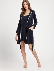 Extra-soft, pure cotton crafted with light-weight terry lining for a supremely comfortable fit. V-neck with attached hoodLong sleevesContrast woven trimRemovable self-tie beltDual patch front pocketsAbout 37½ from shoulder to hemMercerized cottonMachine washImported Extra-soft, pure cotton crafted with light-weight terry lining for a supremely comfortable fit. V-neck with attached hoodLong sleevesContrast woven trimRemovable self-tie beltDual patch front pocketsAbout 37½ from shoulder to hemMercerized cottonMachine washImported