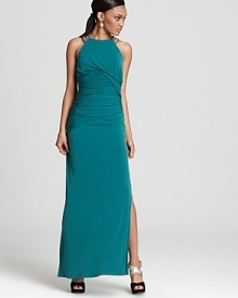 This Laundry by Shelli Segal gown brings glamour with dramatic ruching and sparkling shoulder straps. This Laundry by Shelli Segal gown brings glamour with dramatic ruching and sparkling shoulder straps.