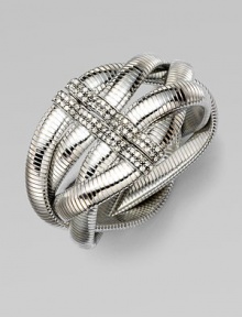 Interwoven bands of ribbed silvertone create a dramatic look, with a Swarovski crystal-set clasp.CrystalSilverplatedDiameter, about 2½Magnetic snap claspMade in Italy Interwoven bands of ribbed silvertone create a dramatic look, with a Swarovski crystal-set clasp.CrystalSilverplatedDiameter, about 2½Magnetic snap claspMade in Italy