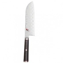 Handcrafted in Japan, these exceptional knives combine the strength of 64 layers of VG10 super steel with the artistry of fine Japanese design. Durable and beautiful - the knives feature a decorative floral Damascus pattern on each blade for the ultimate in forma and function. The Santoku Hollow Edge allows air in between the blade and the item being cut for extra thin cutting. Handcrafted in Japan, these exceptional knives combine the strength of 64 layers of VG10 super steel with the artistry of fine Japanese design. Durable and beautiful - the knives feature a decorative floral Damascus pattern on each blade for the ultimate in forma and function. The Santoku Hollow Edge allows air in between the blade and the item being cut for extra thin cutting.