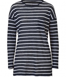 A super chic version of the classic Breton, this striped top from Vince is a must-have for every style-centric girl - Crew neck, long sleeves, asymmetrical hem, long body, single chest pocket - Wear with skinny jeans, embellished ballet flats, and a leather tote A super chic version of the classic Breton, this striped top from Vince is a must-have for every style-centric girl - Crew neck, long sleeves, asymmetrical hem, long body, single chest pocket - Wear with skinny jeans, embellished ballet flats, and a leather tote