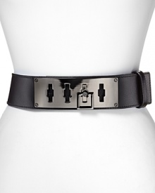 Go for bold with Tory Burch's hard-hitting keyhole belt. Trade your flats for heels and wear this statement style over a molten mini to lock in a downtown look. Go for bold with Tory Burch's hard-hitting keyhole belt. Trade your flats for heels and wear this statement style over a molten mini to lock in a downtown look.