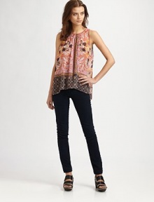 Wondrously woven chiffon top in a breathtaking filigree print with front gathering and a hi-lo hem. RoundneckSleevelessSplit hi-lo hemBack button closurePolyesterDry cleanMade in USA of imported fabricModel shown is 5'10 (177cm) wearing US size Small. Wondrously woven chiffon top in a breathtaking filigree print with front gathering and a hi-lo hem. RoundneckSleevelessSplit hi-lo hemBack button closurePolyesterDry cleanMade in USA of imported fabricModel shown is 5'10 (177cm) wearing US size Small.