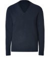 Inject sophistication into your luxe knitwear collection with Marc Jacobs ultra cozy dark night blue fleeced V-neck pullover - Tonal V-neckline, long sleeves, ribbed trim - Classic straight fit - Team with tailored button-downs and sharply cut trousers, or layer over tees and edgy leather jackets