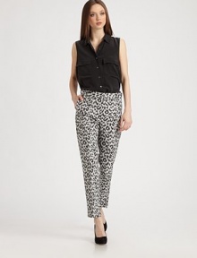 A featherweight blend of cotton and silk, boldly-printed and tailored in a sophisticated ankle crop.Flat waistbandBelt loopsZip-flyStraight let hits above ankleRise, about 9Inseam, about 2990% cotton/10% silkDry cleanImportedModel shown is 5'9 (175cm) wearing US size 4. A featherweight blend of cotton and silk, boldly-printed and tailored in a sophisticated ankle crop.Flat waistbandBelt loopsZip-flyStraight let hits above ankleRise, about 9Inseam, about 2990% cotton/10% silkDry cleanImportedModel shown is 5'9 (175cm) wearing US size 4.