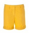 Chic golden sun silk and cotton blend shorts - Bring vibrant style to your daytime ensemble with these versatile shorts - Belt loops, mid-length, rolled hem - Pair with a long sleeve henley, a cardigan, and platform sandals