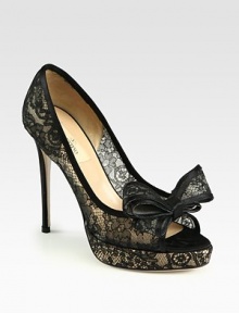A signature bow adds volume to this peep toe design rendered in semi-sheer floral lace with luxe satin trim. Satin-covered heel, 5 (125mm)Lace-covered platform, ¾ (20mm)Compares to a 4¼ heel (110mm)Lace upper with satin trimPeep toeLeather lining and solePadded insoleMade in Italy A signature bow adds volume to this peep toe design rendered in semi-sheer floral lace with luxe satin trim. Satin-covered heel, 5 (125mm)Lace-covered platform, ¾ (20mm)Compares to a 4¼ heel (110mm)Lace upper with satin trimPeep toeLeather lining and solePadded insoleMade in Italy