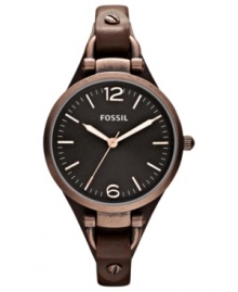 A thin leather strap holds a chocolate-hued case on this unique Georgia collection watch by Fossil. A thin leather strap holds a chocolate-hued case on this unique Georgia collection watch by Fossil.
