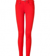 With a flattering fit and bright orange red coloring, Burberry Brits skinny jeans lend a radiant edge to every outfit - Classic five-pocket style with ring hardware at belt loop, button closure, belt loops, back seams - Form-fitting - Wear with a cool nude top and flats