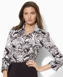 A black-and-white palette is redefined with vibrant florals on this classic Lauren by Ralph Lauren shirt, tailored from crisp cotton broadcloth for a feminine take on a menswear staple. A black-and-white palette is redefined with vibrant florals on this classic Lauren by Ralph Lauren shirt, tailored from crisp cotton broadcloth for a feminine take on a menswear staple.