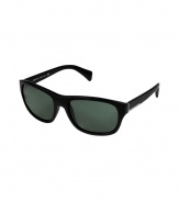 Ultra sleek with their matte black frames, Pradas rectangular sunglasses are as modern as they are cool - Matte black rectangular frames, charcoal-green semi-mirrored lenses, silver-toned metal L-shaped inert at temples with logo engraving - Lens filter category 3 - Comes with a logo embossed hard carrying case - An edgy choice, perfect for all four seasons