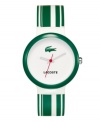 Strikingly simple, the Goa watch features iconic Lacoste colors. Green and white striped silicone strap and round white plastic case with green bezel. White enamel dial features text logo, iconic green crocodile logo and red second hand. Quartz movement. Water resistant to 30 meters. Two-year limited warranty.