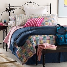 This youthful collection features elements appropriate for bedrooms, dorm rooms or first apartments. There's an irreverent feel to the printed sheeting, madras plaid quilt,denim duvet, and many novelty accessories. This youthful collection features elements appropriate for bedrooms, dorm rooms or first apartments. There's an irreverent feel to the printed sheeting, madras plaid quilt,denim duvet, and many novelty accessories.