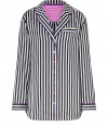 Ultra silky with bold monochrome striping, Juicy Coutures night shirt is a seriously stylish take on sleepwear - Notched collar, long sleeves, button-down front, chest pocket, purple trim, pink dotted side inserts - Relaxed fit - Wear alone, or over a cami and figure-hugging shorts