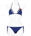 Look poolside pretty in this chic bikini from Juicy Couture - Classic triangle top with multi-stripe detail and charms, dual back tie detail with logo charms, classic bottoms with side tie and charm detail - Pair with a sheer caftan, wedge sandals, a floppy sunhat