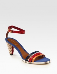Multicolored leather straps, suede trim and a striped heel define this classic go-to. Wooden heel, 3 (75mm)Leather and suede upperLeather lining and solePadded insoleMade in Italybr>OUR FIT MODEL RECOMMENDS ordering one half size up as this style runs small. Multicolored leather straps, suede trim and a striped heel define this classic go-to. Wooden heel, 3 (75mm)Leather and suede upperLeather lining and solePadded insoleMade in Italybr>OUR FIT MODEL RECOMMENDS ordering one half size up as this style runs small.